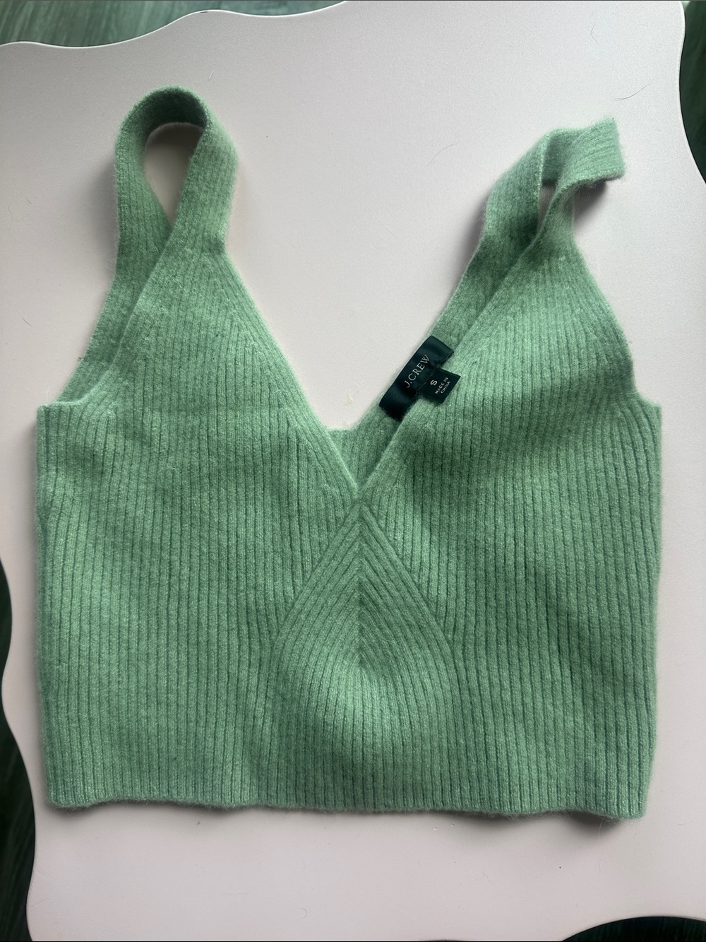 J. Crew 100% Cashmere Mint Green Ribbed V-Neck Crop Tank